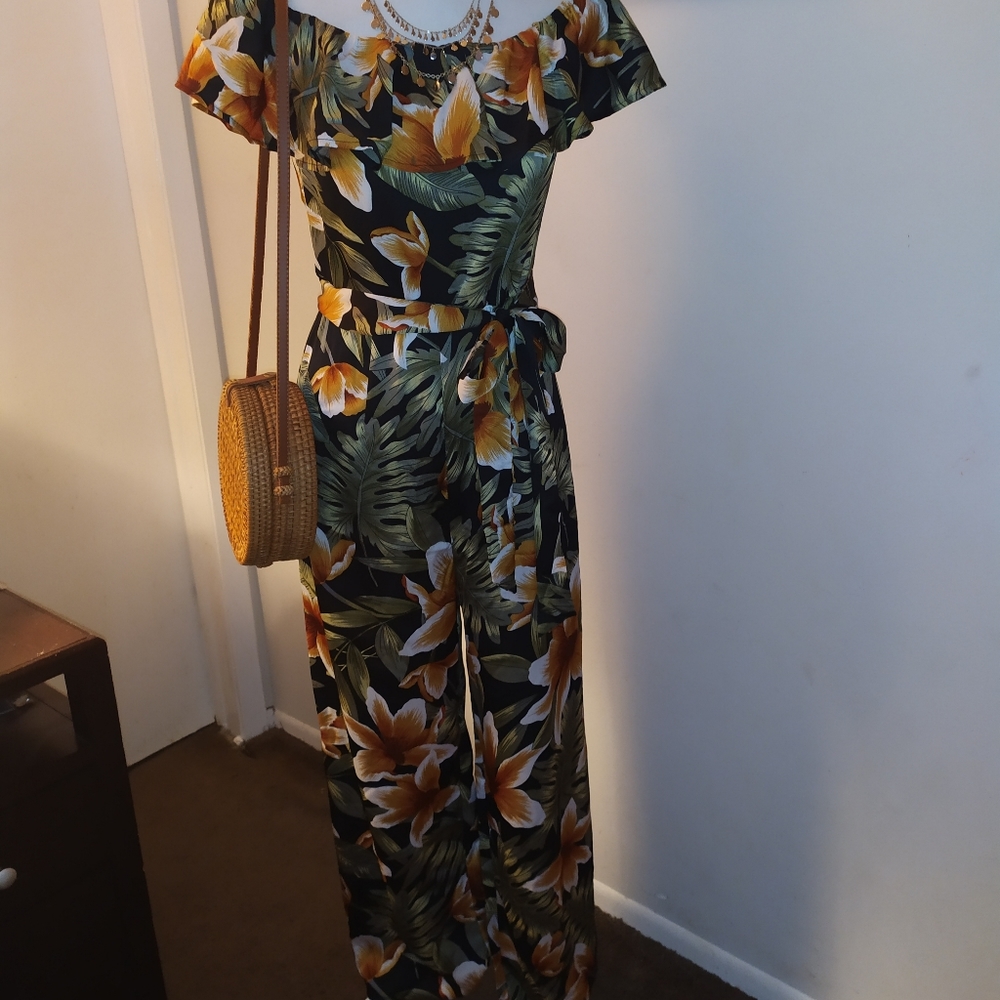 SOLD!! TROPICAL PRINT OFF SHOULDER JUMPSUIT